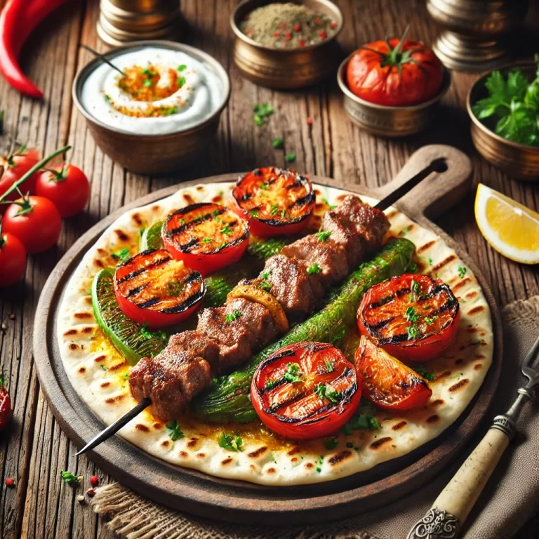 DALL·E 2024-12-31 14.22.26 - A beautifully plated Adana Kebap served on a rustic wooden table. The kebap is skewered and placed on a piece of warm, thin flatbread. It is garnished