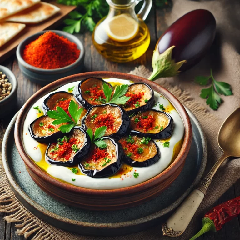 DALL·E 2024-12-31 19.20.39 - A beautiful presentation of Abugannuş, a traditional Middle Eastern dish made with creamy yogurt and smoky roasted eggplants. The dish is served in a
