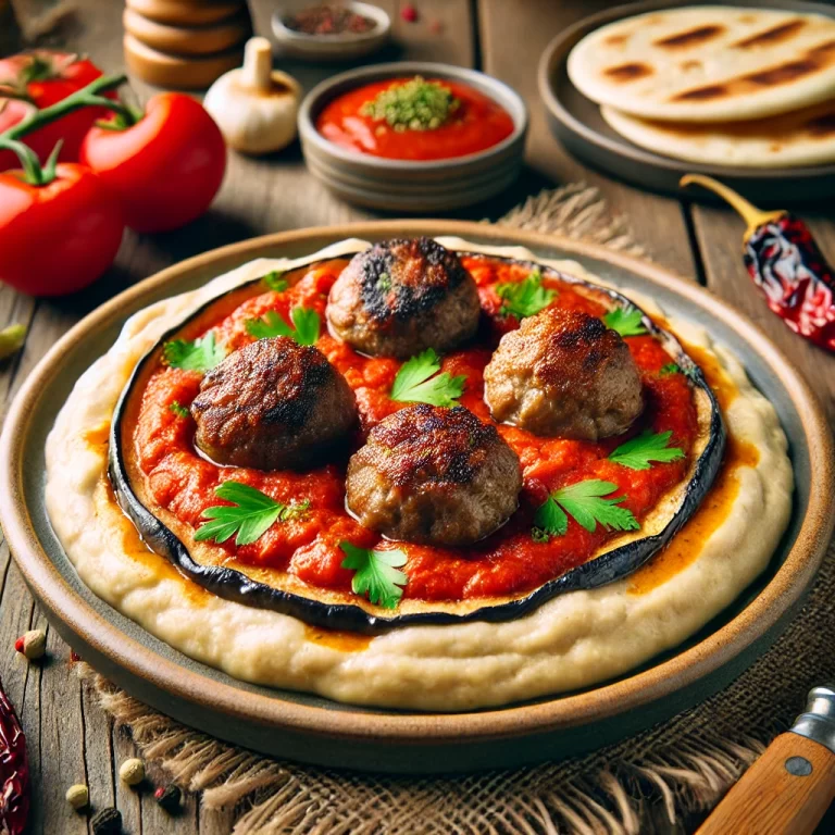DALL·E 2024-12-31 21.07.25 - A beautifully plated Abugannuş Kebab, featuring grilled meatballs placed over a creamy bed of smoky roasted eggplant puree. The dish is topped with a