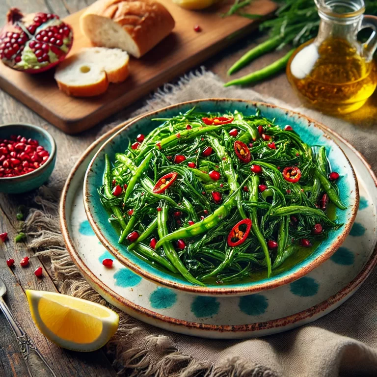 DALL·E 2024-12-31 21.26.20 - A vibrant plate of Acı Filiz Salatası, a traditional Turkish salad made with blanched wild greens. The dish is garnished with a drizzle of olive oil,