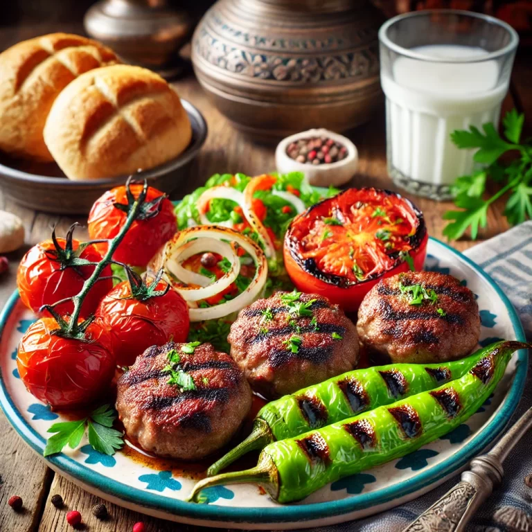 DALL·E 2025-01-01 18.19.39 - A beautifully plated Akçaabat Köftesi, a traditional Turkish meatball dish. The grilled köftes are served on a plate with roasted tomatoes, green pepp