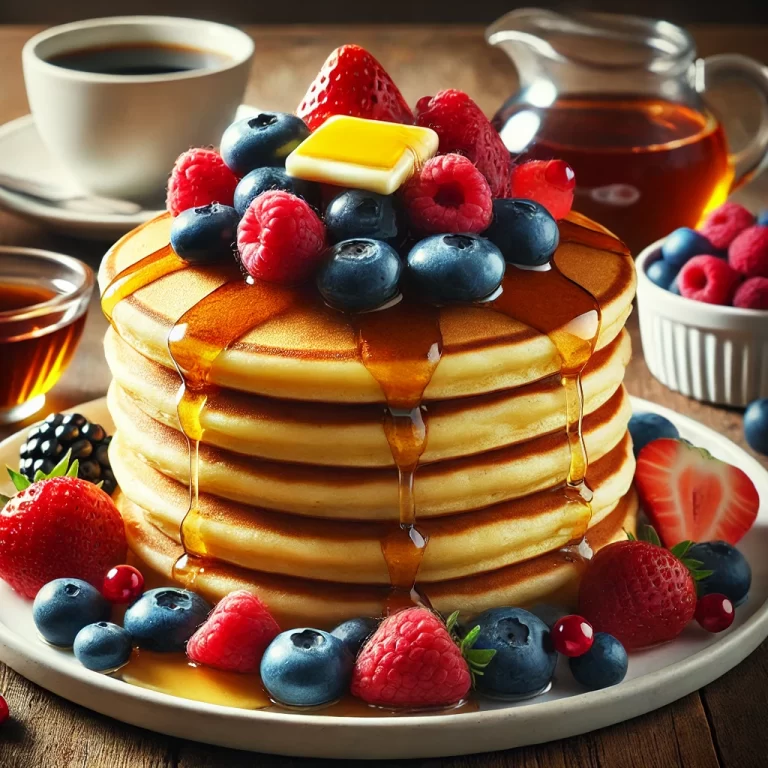 DALL·E 2025-01-01 18.24.41 - A stack of fluffy golden pancakes served on a white plate, topped with fresh berries (strawberries, blueberries, and raspberries), a drizzle of golden
